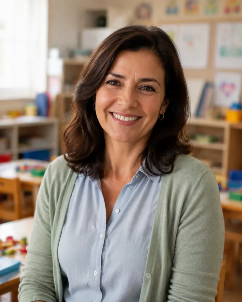Professora Roberta Medeiros em uma sala de educação infantil
