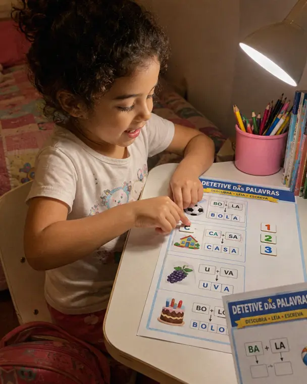 Giovanna realizando uma atividade do Detetive das Palavras