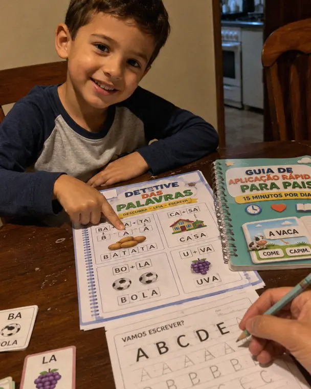 Gabriel praticando alfabetização com o material e seus bônus